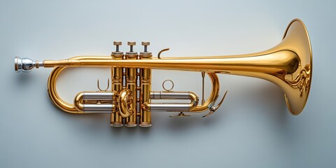Obraz premium A beautifully polished brass trumpet showcasing intricate craftsmanship and gleaming details, perfect for musicians, music lovers, and brass instrument enthusiasts