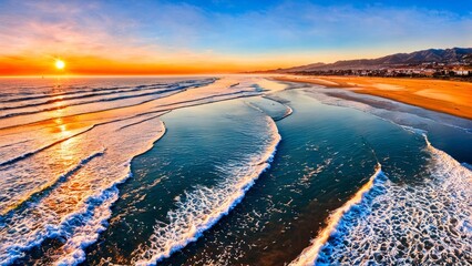 Beautiful coastal view showcasing sunset reflections on calm waters, soft waves meeting shore, vibrant hues of orange and blue, perfect for promoting peace, relaxation, and beach getaways.