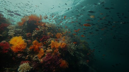 Vibrant coral reef teeming with diverse fish species.