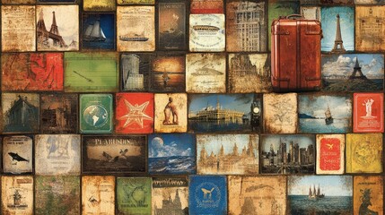 A collage of vintage travel postcards with a red suitcase, evoking wanderlust and exploration.