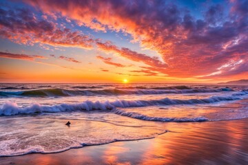 Fototapeta premium Beautiful coastal view showcasing sunset reflections on calm waters, soft waves meeting shore, vibrant hues of orange and blue, perfect for promoting peace, relaxation, and beach getaways.