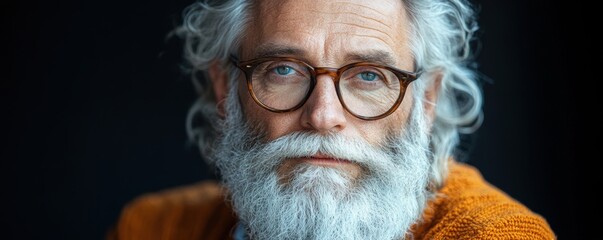 Close-Up Portrait of a Distinguished Elderly Man with White Beard and Glasses, Wearing an Orange Sweater, with Thoughtful Expression on a Dark Background