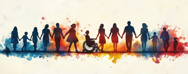 Diverse group of people walking together holding hands. Silhouettes of various ages, ethnicities. One person uses wheelchair. Watercolor style illustration. Concept of support, inclusion. Image
