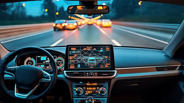 Pov in a modern car cabin features an expansive touchscreen while cruising a well-lit highway. Concept of smart driving, digital innovation, and seamless on-road connectivity.