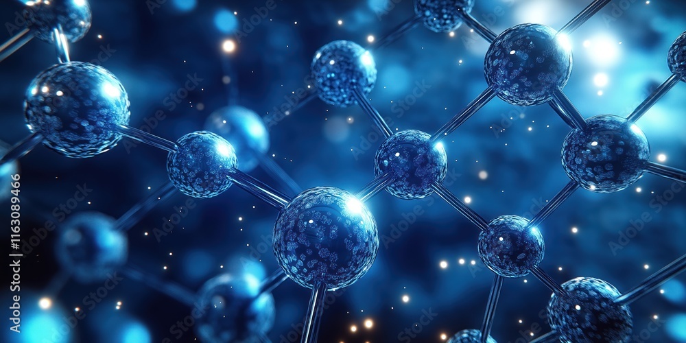 Poster futuristic molecular structures form complex pattern. dynamic arrangement of glowing spheres connect