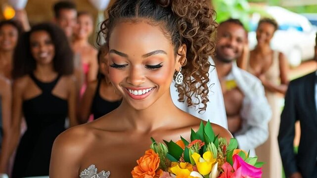 A radiant bride of african descent stands gracefully with a vibrant bouquet in hand. Concept of wedding day bliss, cultural beauty, and supportive group energy.
