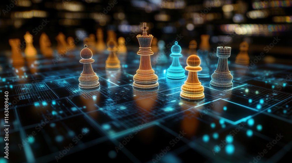 Poster futuristic chess game with digital pieces on a circuit board background, representing strategy and t
