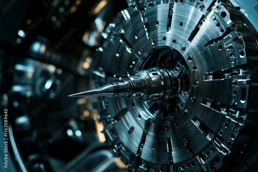 Aufkleber close up of a sharp cnc drill bit surrounded by complex machine components for precision work