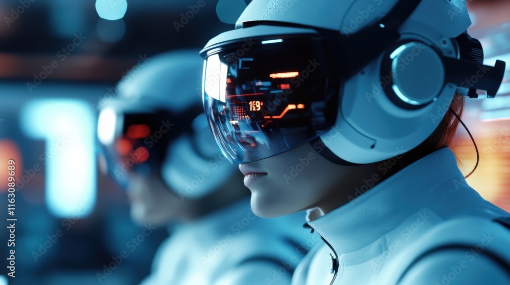 Aufkleber Futuristic Scientists Analyzing Data in High-Tech Laboratory with Advanced Visual Technology and Immersive Headgear for Innovative Research and Development