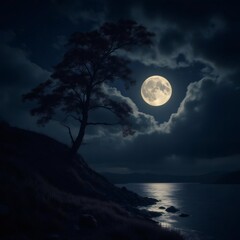 Fototapeta premium La luna llena ilumina el paisaje nocturno, reflejándose en el lago sereno mientras un árbol solitario se perfila contra el cielo estrellado, creando una escena de tranquilidad y belleza natural 