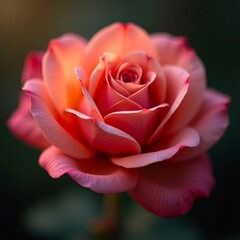 Obraz premium Una rosa de pétalos rosados y anaranjados con bordes delicadamente delineados en un tono más oscuro, capturada en un primer plano que resalta su belleza y textura, perfecta para transmitir elegancia y