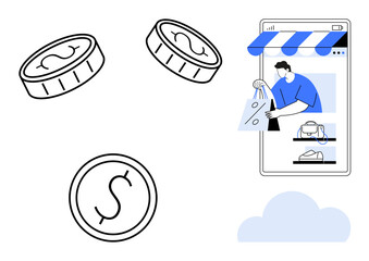 Coins float around, signifying money and transactions. A person holds a shopping bag next to a smartphone screen showcasing products. Ideal for e-commerce, digital payments, mobile shopping, retail