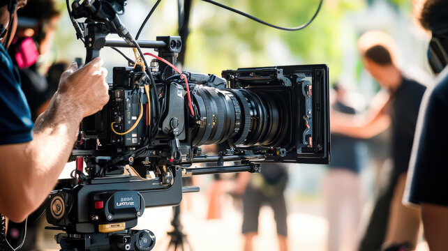 A vibrant film production set filled with activity. Directors discuss scenes with crew members, actors rehearse lines, and camera operators set up shots, all amidst bright lights and equipment. 