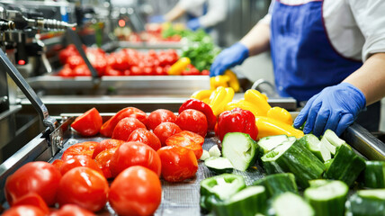 A bustling food processing plant, showcasing conveyor belts filled with fresh produce as they move through different stages of packaging, highlighting efficiency and productivity.