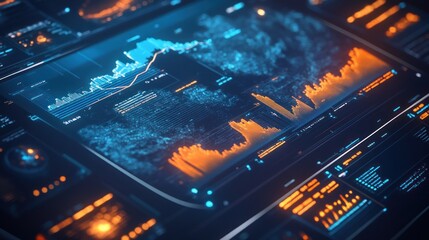 Obraz premium Global analytics dashboard featuring heatmaps and bar graphs, modern and clean UI, cyberpunk aesthetics,