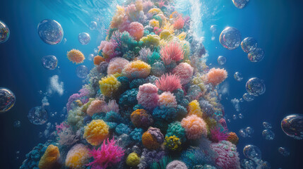 Naklejka premium A surreal tower of organic forms resembling coral and sea life, with vivid turquoise, pink