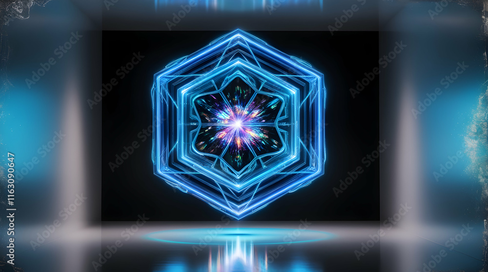 Poster blue glowing cube with intricate details on a reflective surface, set against a dark background, ins
