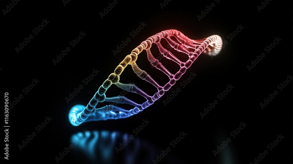 Poster abstract representation of a dna helix with bright colors on dark background, highlighting genetic s