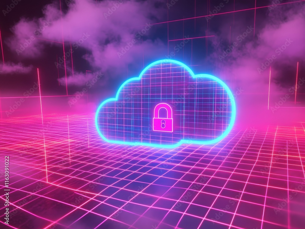 Poster visual representation of secure cloud concept featuring lock icon on digital grid with neon colors