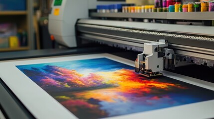 Colorful digital art printing process on large format printer in studio showcasing vibrant artwork creation technology concept