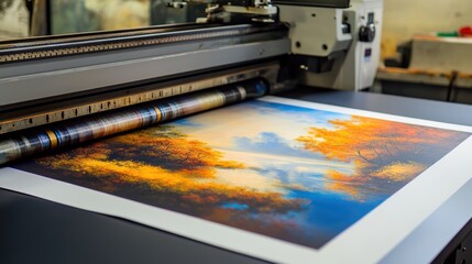 Digital printing machine producing vibrant autumn landscape artwork with precision and color detail, modern print technology concept