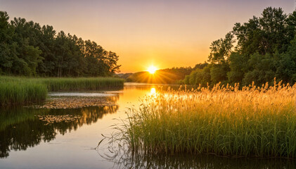 a serene sunset scene with a calm river reflecting the vibrant hues of the setting sun. Lush greenery and tall grasses are bathed in the warm sunlight, creating a tranquil and pictu
