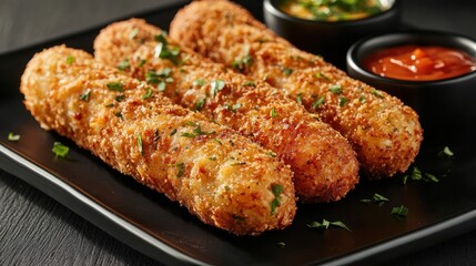 Herbed Alaskan Crab croquettes with dipping sauces, presented on a sleek black platter 