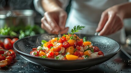 A vibrant culinary masterpiece with a chef's hands delicately seasoning a plate of steaming, colorful vegetables, garnished with fresh greens