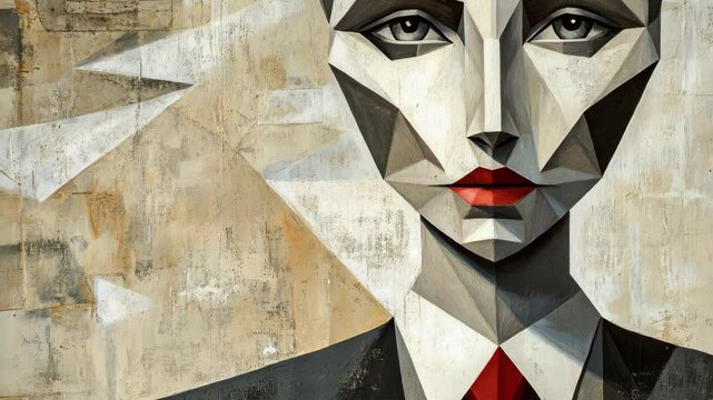 Modern geometric portrait of a person in a suit with sharp features and bold colors in urban art style
