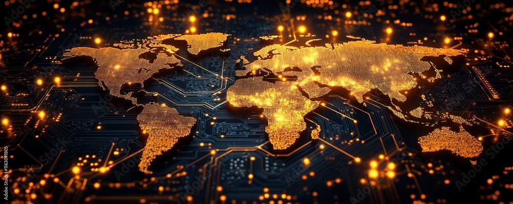 Poster global network connectivity. world map projected onto circuit board. golden glowing points represent