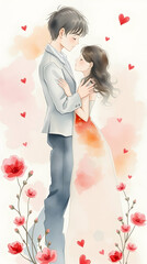Couple embracing, surrounded by hearts and flowers, watercolor style, on white background.