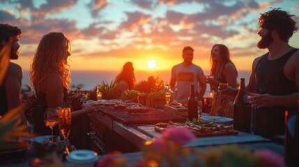 A vibrant sunset barbecue gathering with friends enjoying wine and food in a relaxed and joyful atmosphere, capturing the essence of leisure and camaraderie.