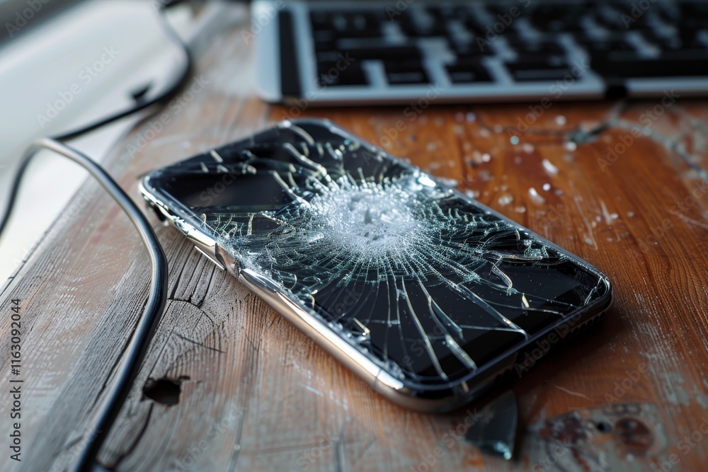 Aufkleber technician repairing a broken smartphone on desk, focusing on part replacement with space for text