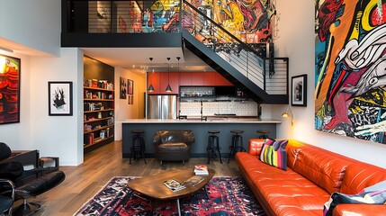 Modern loft apartment interior with open kitchen, colorful artwork, and leather sofa.