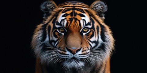 Obraz premium An exquisite close-up of a majestic tiger with intricate patterns and vivid orange fur set against a dark backdrop that highlights its fierce gaze and powerful presence in the wild environment