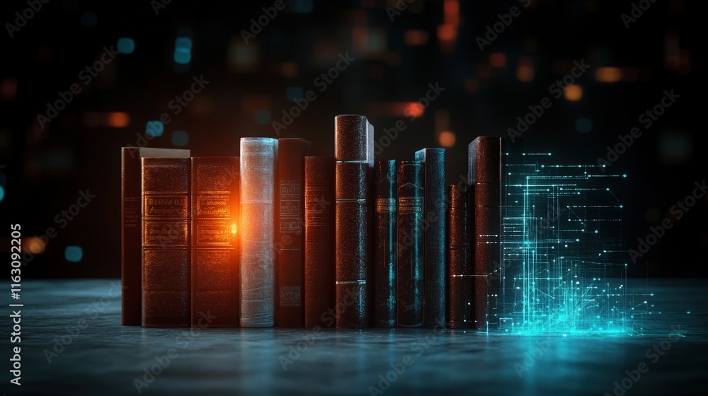 Leinwandbilder digital transformation of knowledge: traditional books merging with futuristic data streams in a con