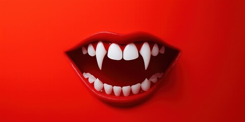 Fototapeta premium Scary vampire fangs on red background. Monster mouth with sharp fangs. Bloodthirsty vampire. Halloween theme. Menacing, spooky image. Perfect for halloween posters spooky halloween cards. Suitable