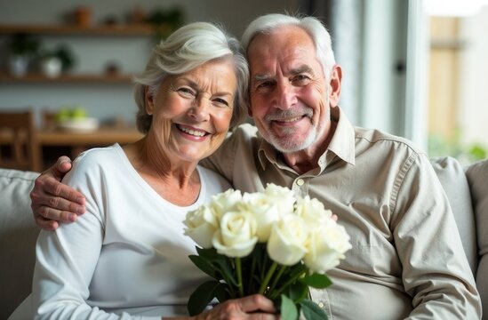 An elderly couple with grey hair embrace and laugh, white roses,  Valentine's Day holiday, International Women's Day on March 8th, Birthday, Thanksgiving day