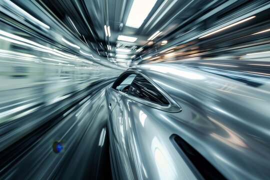 Modern car manufacturing facility showcasing raw silver monocoque bodies on production lines