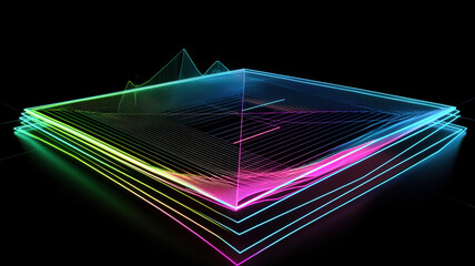 A captivating 3D radar chart featuring glowing, gradient-filled web layers and dynamic neon lines, set against a black reflective surface for a striking visual effect.
