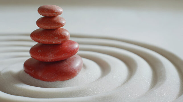 Rote Steine in Balance auf Sand mit Zen-Muster.