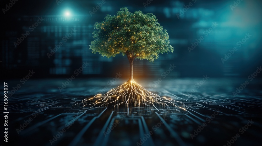 Aufkleber futuristic tree growing from circuit board with glowing roots representing the intersection of natur