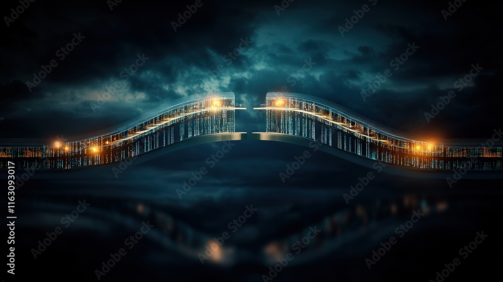 Poster stunning modern bridge illuminated by night with dramatic clouds and reflections on water, creating 