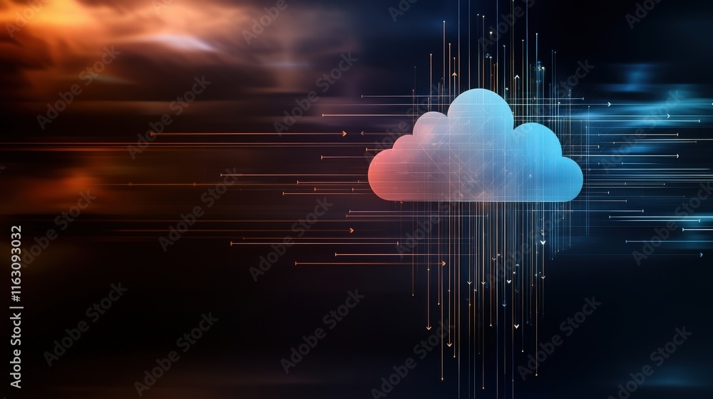 Poster Modern Cloud Computing Concept with Abstract Lines and Gradient Background Depicting Digital Data Flow and Connectivity in Technology Environment