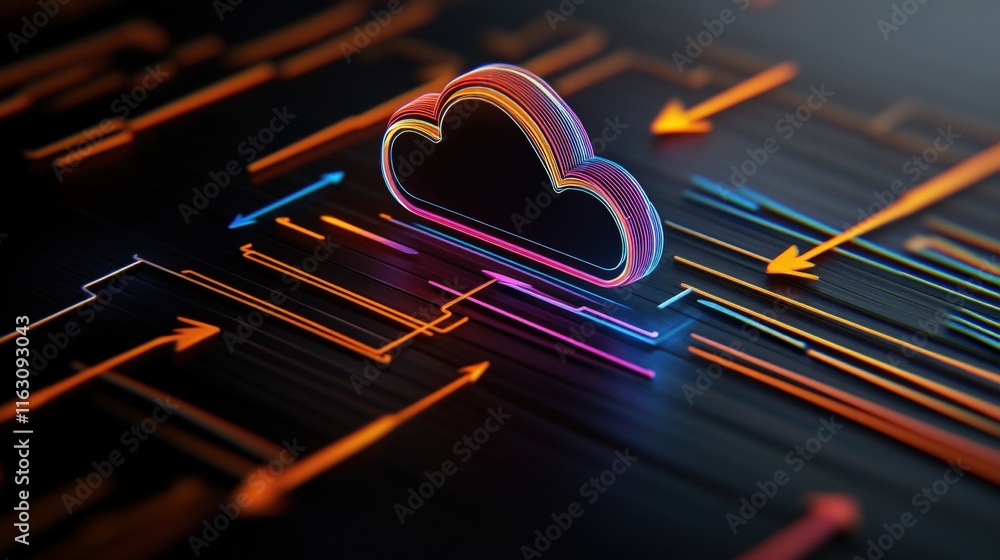 Aufkleber colorful cloud icon surrounded by digital arrows on a futuristic background representing data transf