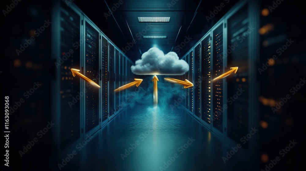 Poster Futuristic Data Center with Cloud Computing Concept and Arrows Representing Data Flow in a Server Room