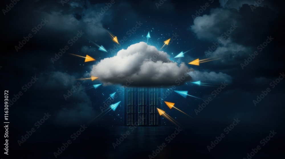 Poster Dramatic Cloud with Colorful Arrows Representing Data Transfer and Connection in a Digital Landscape Under Dark Skies