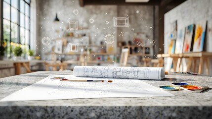 Blueprint on Granite Table in Creative Loft With Floating Symbols