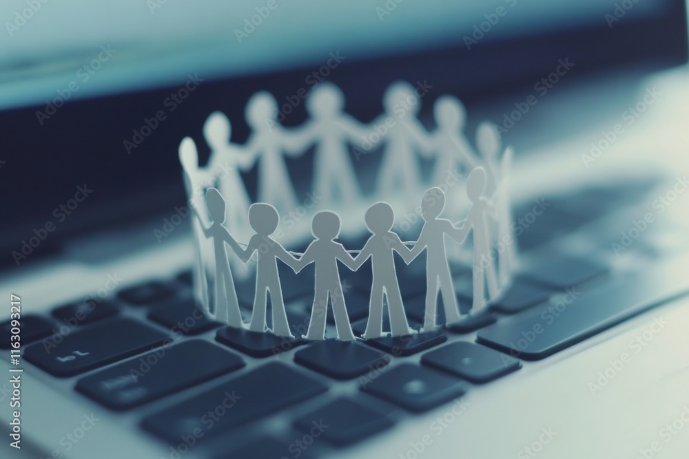 Poster symbolic representation of digital collaboration with paper figures on laptop keyboard