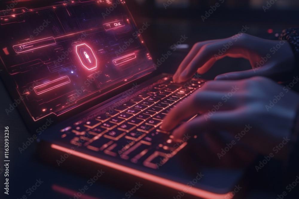 Poster a modern scene of digital security typing on a laptop with holographic authentication interface